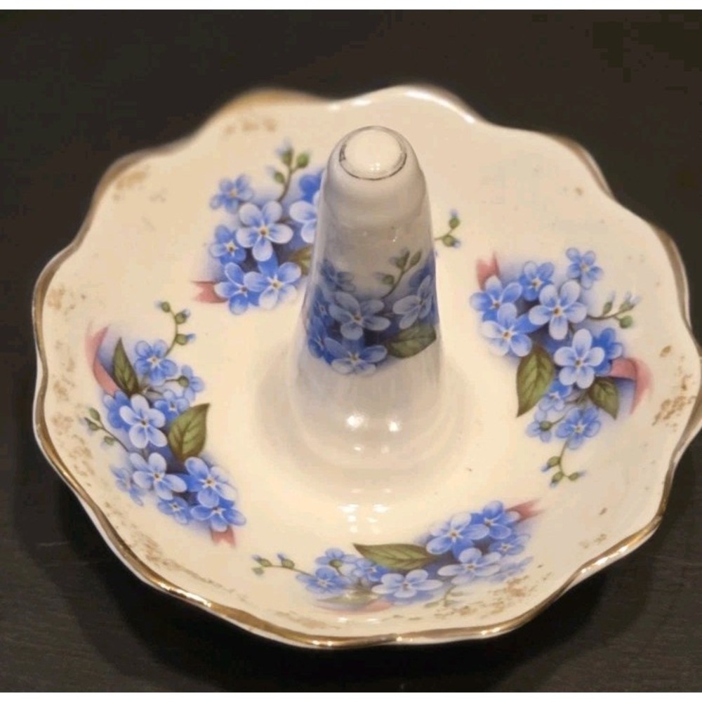 White British Porcelain Ring Holder With Blue Flowers Gold Trim Vintage MCM